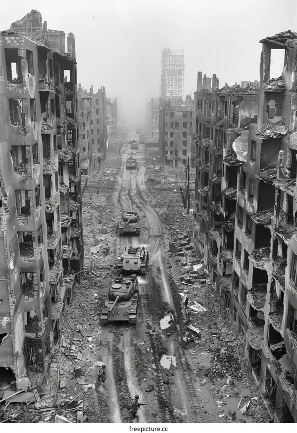 Soviet medium tanks advancing through a destroyed city, likely Berlin, 1945