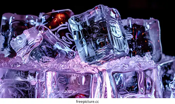 Close Up of Ice Cubes with Purple Lighting