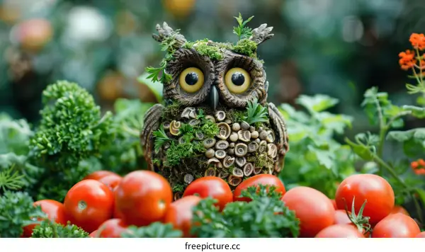 A ceramic owl sits among red tomatoes and parsley