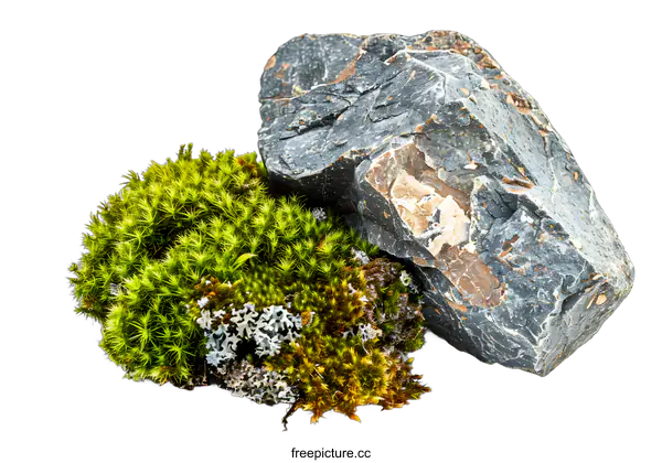 [Transparent Background PNG]Green Moss and Grey Stone on White Background