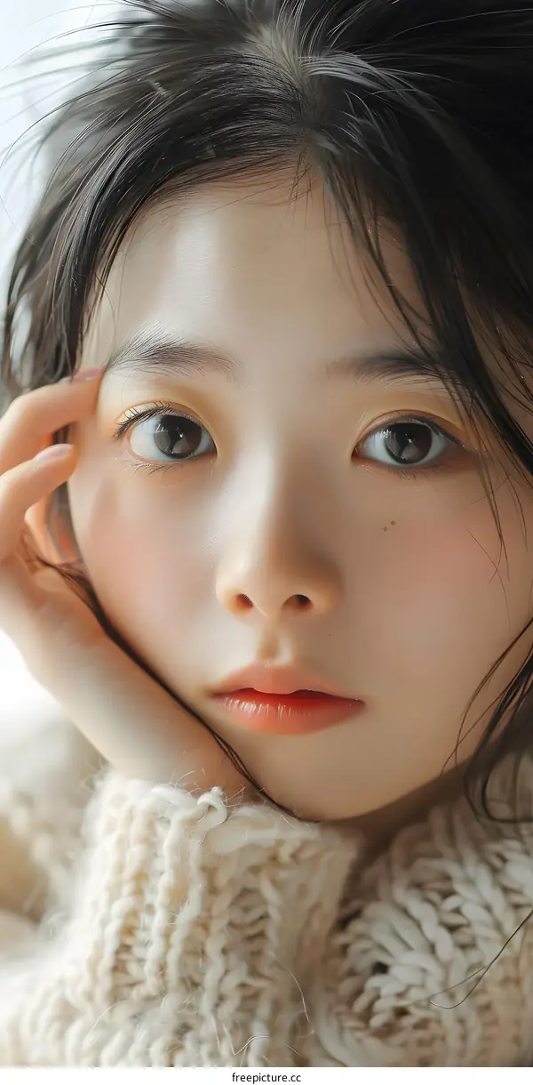 Closeup Portrait of a Young Asian Woman with Long Black Hair Wearing a White Knit Sweater