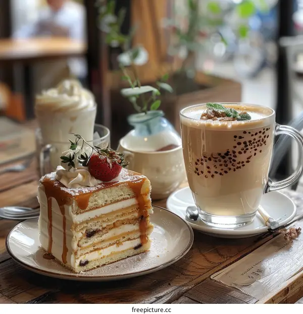 A Delicious Cake and Coffee Set on a Wooden Table