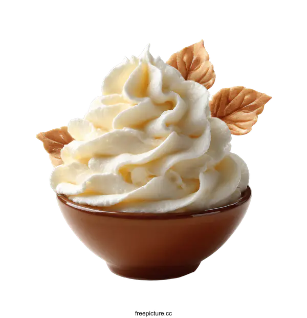 [Transparent Background PNG]Whipped Cream in a Brown Bowl with Autumnal Decor
