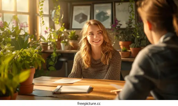 Smiling woman sitting at a table and talking to a person