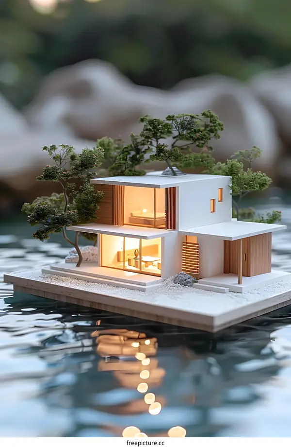 A modern house model floating on water with trees around it