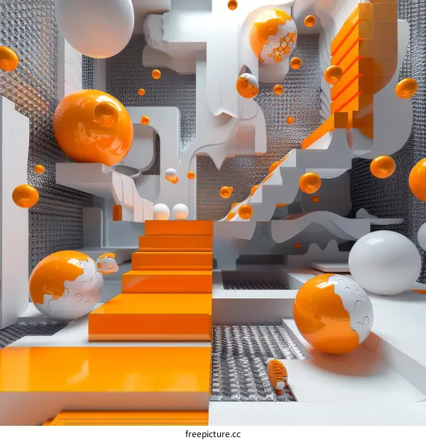 Geometric shapes in multiple shades of orange in an empty white room with stairs