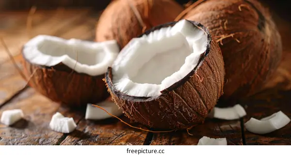 A close-up image of a coconut on a wooden table