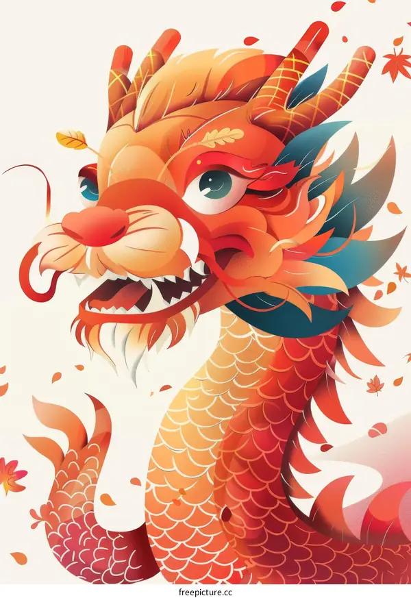 A Red and Orange Dragon with Autumn Leaves on Its Head and Neck