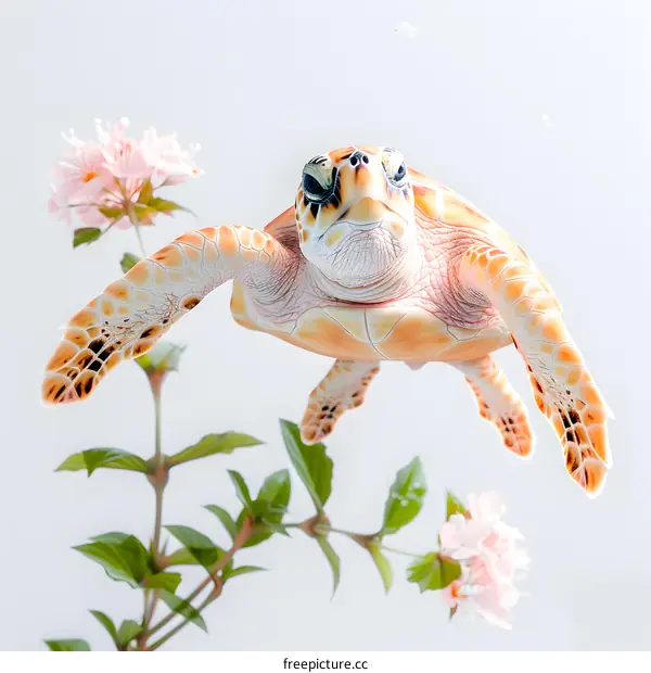 Sea Turtle Swimming Towards Flowers