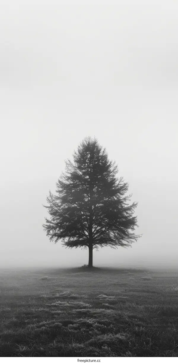 A Tree Stands Alone in a Field of Fog