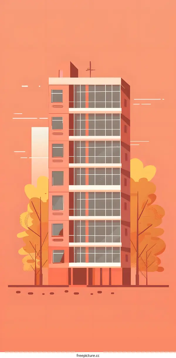 Minimalist Illustration of an Apartment Building with Trees in Autumn
