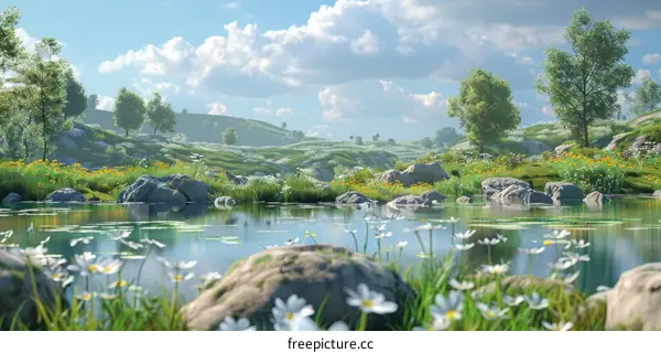 Scenic Landscape with Lush Hills and a Tranquil Lake