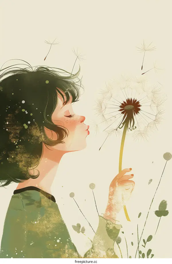 girl blowing dandelion illustration