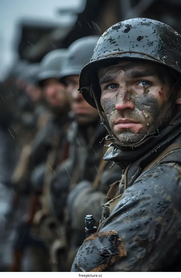 A soldier in the rain.