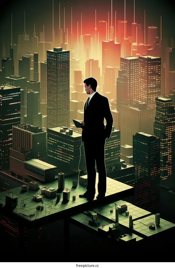 Businessman standing on a rooftop overlooking a city at night