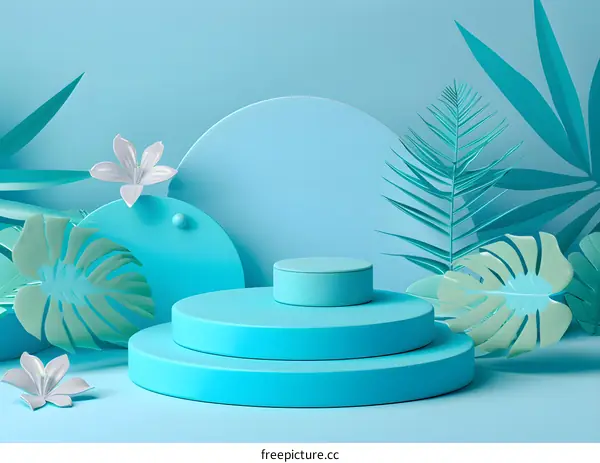 Blue Minimalist 3D Rendered Podium With Tropical Leaves