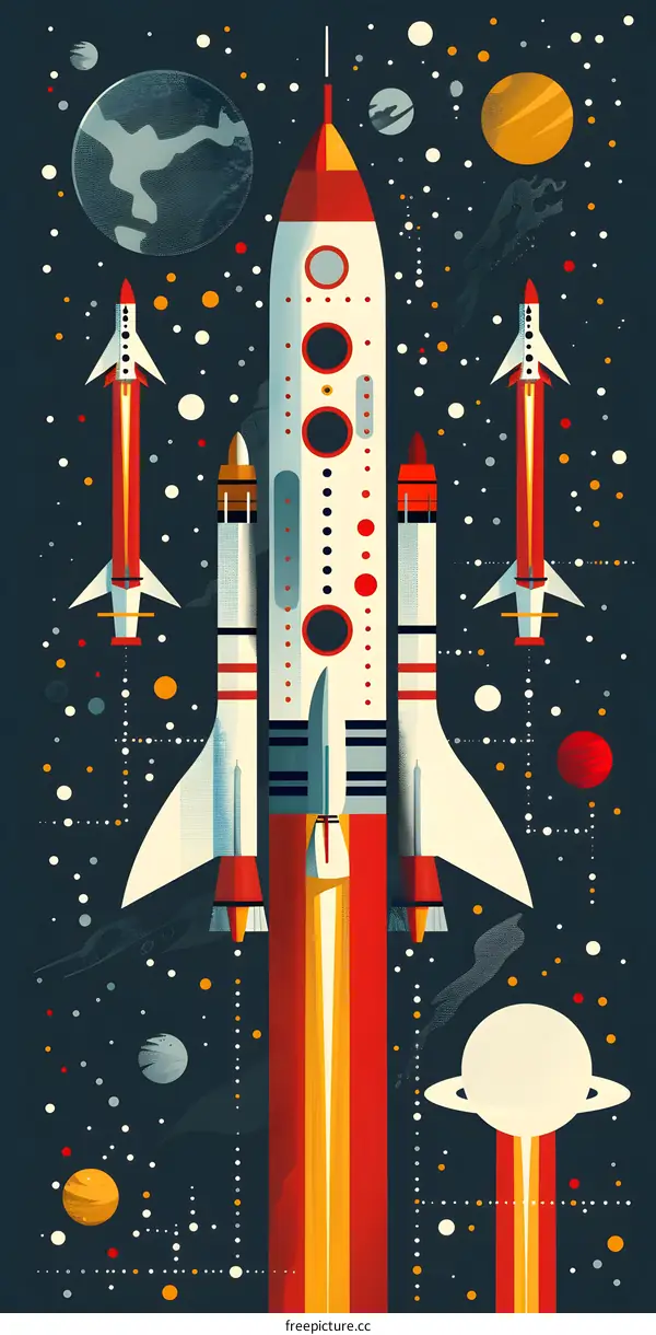 Space Rocket Launch Illustration with Stars and Planets