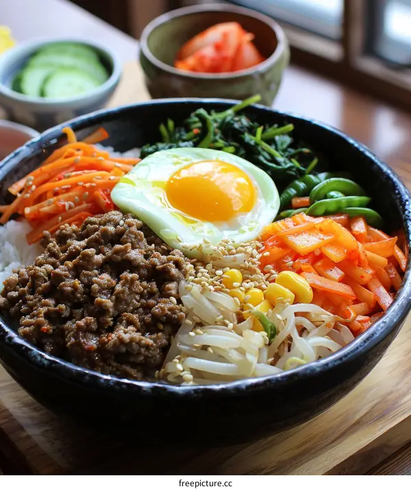 Korean Bibimbap with Rice, Beef, Egg and Vegetables