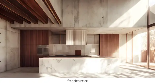 Modern Kitchen Design with Concrete Walls and Wooden Cabinets