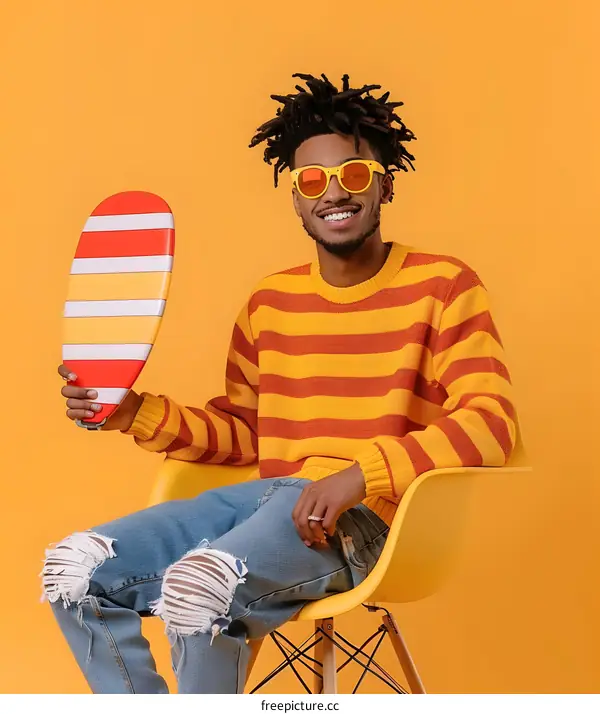 Happy Black Man Wearing Yellow Sunglasses Sitting on a Yellow Chair and Holding a Surfboard