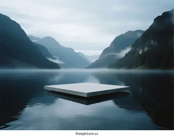 A serene floating platform on calm mountain lake surrounded by misty peaks