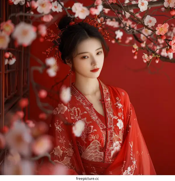 A young woman in a red dress standing in a field of red flowers