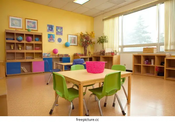 Colorful Classroom Interior with Childrens Furniture