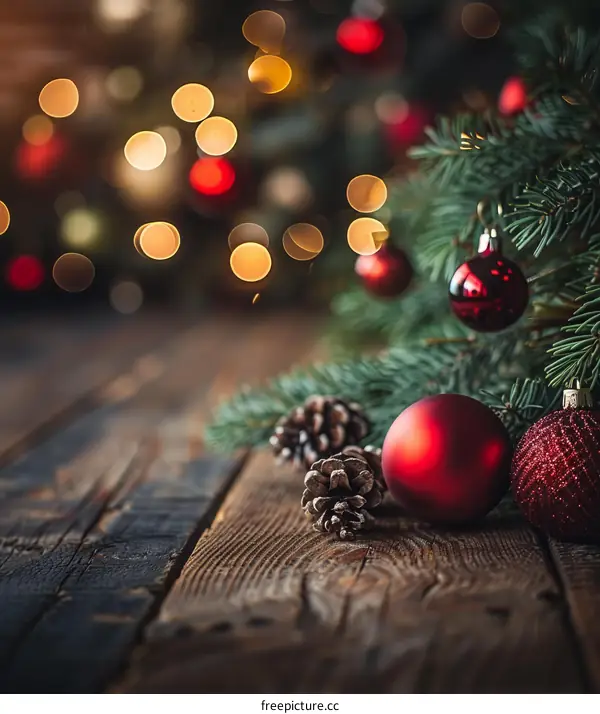 Christmas background with fir tree branches and red ornaments