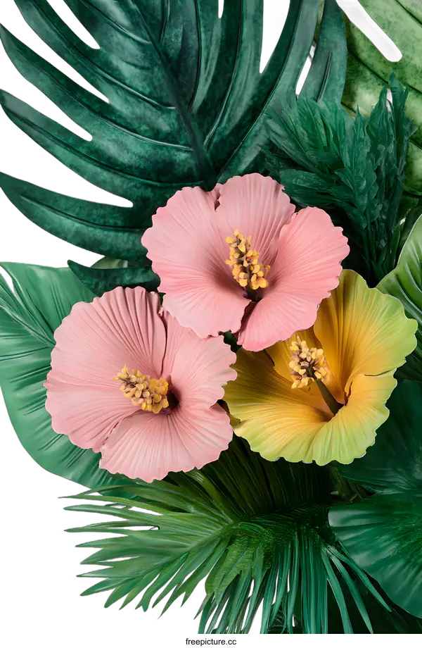 [Transparent Background PNG]Tropical Floral Arrangement with Pink and Yellow Hibiscus and Green Leaves