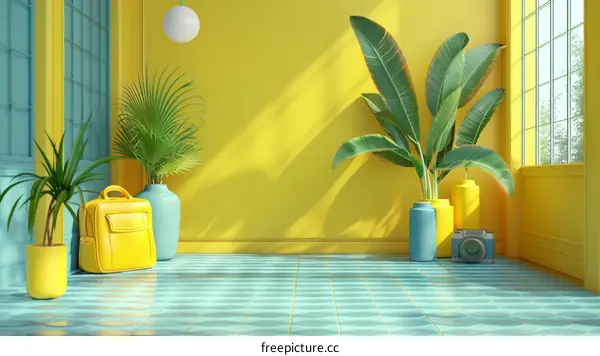 Empty Room Interior with Plants and Suitcase