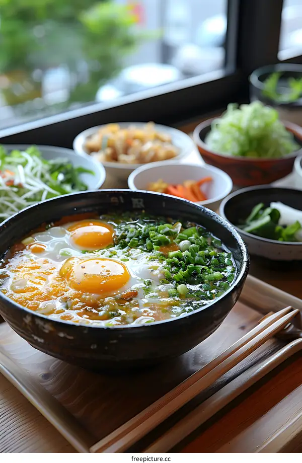 Bowl of Ramen with Soft Boiled Eggs and Side Dishes