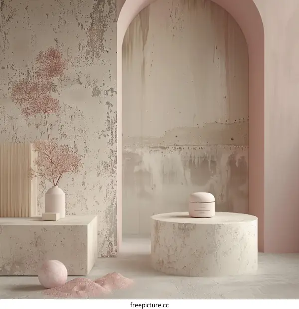 Luxury cosmetic product display with pink pastel colors and concrete podiums