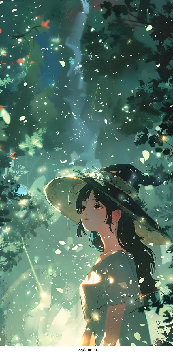 Girl with Hat Standing in a Forest with Magical Lights
