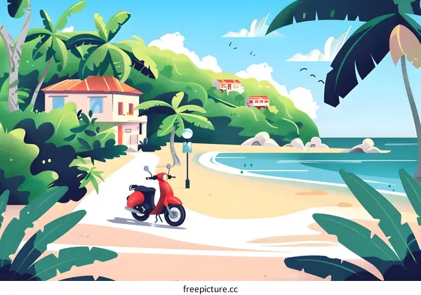 Tropical Beach Scene with Red Scooter