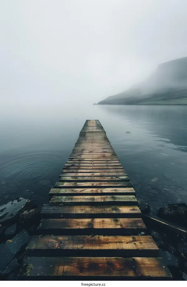 Wooden Dock Extends into Calm Water as Fog Rolls In