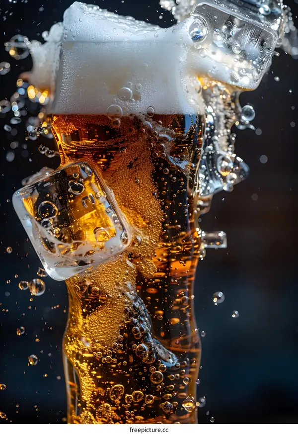 Closeup of a Glass of Beer with Ice Cubes