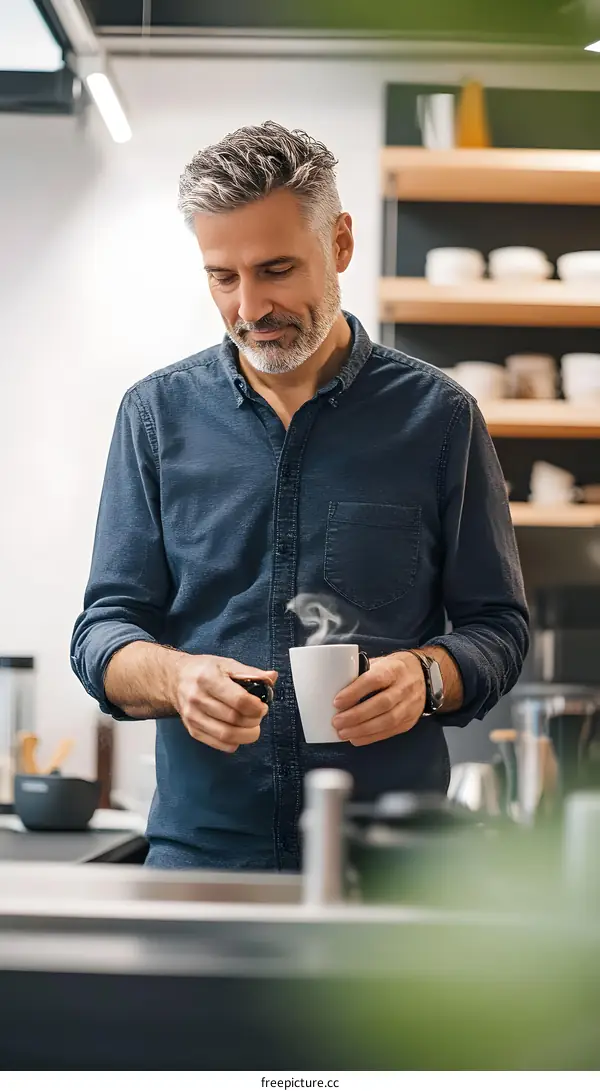 Man Enjoying a Cup of Coffee in a Modern Kitchen