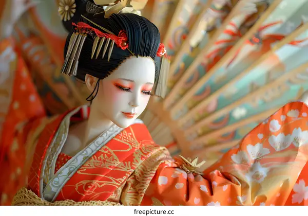 Japanese Doll in Traditional Kimono with Fan