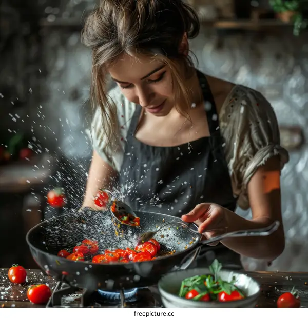 Young woman in an apron is cooking cherry tomatoes in a frying pan