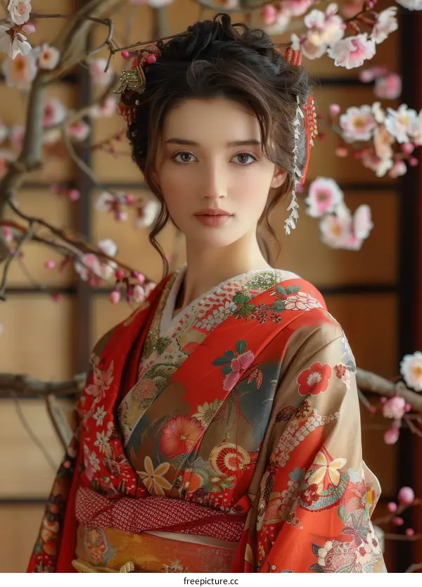 Portrait of a beautiful woman in a kimono with pink flowers