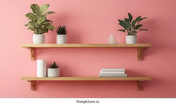 Pink Wall with Wooden Shelves and Plants