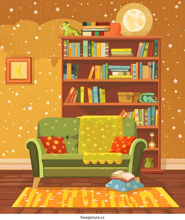 Cozy Living Room with Bookcase and Sofa