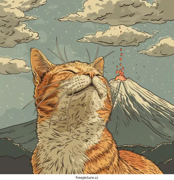 A Cat Enjoying Volcanic Eruption Scenery Under Starry Night