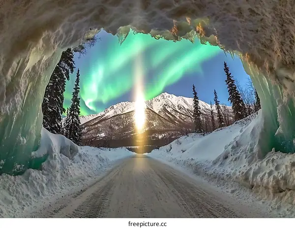 Aurora Borealis View From Inside Snowy Tunnel