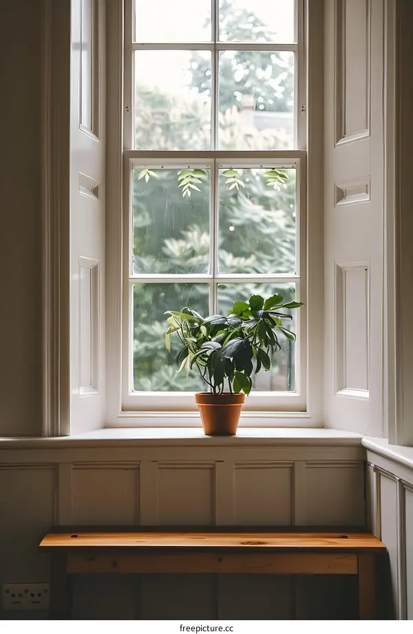 Window Sill with Plant and Wooden Bench