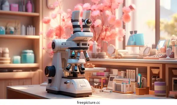 A microscope sits on a table in a laboratory.