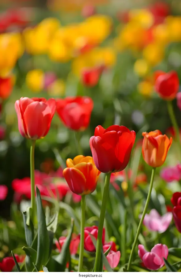 Beautiful Red Tulips Blooming in a Garden