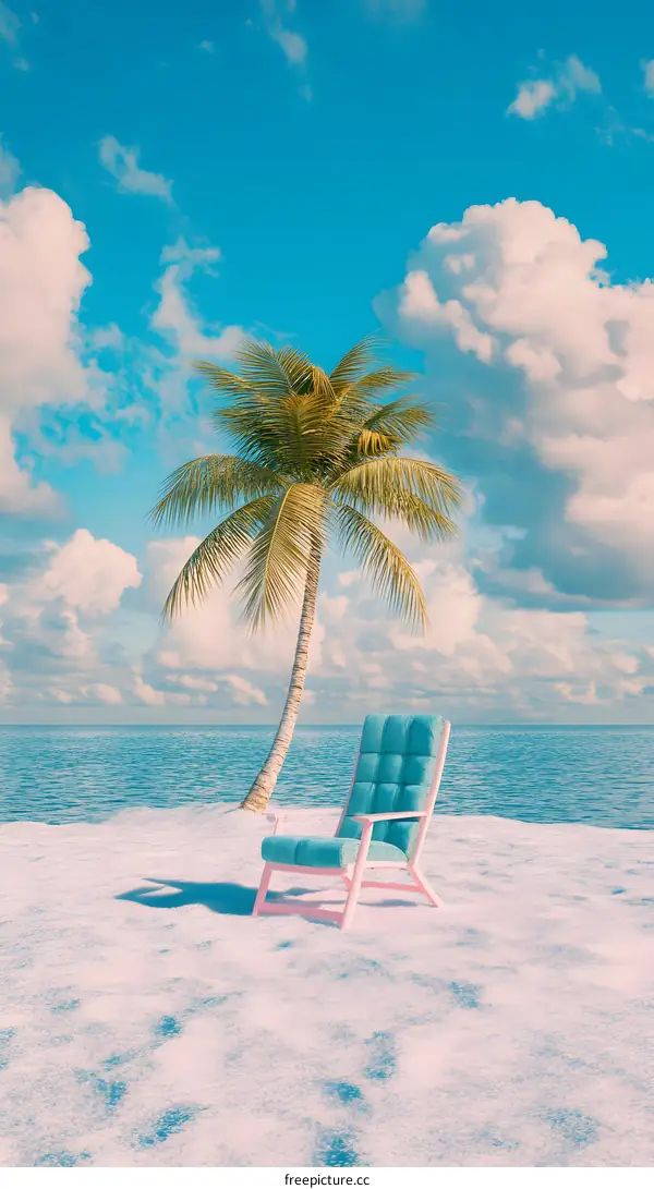 Palm Tree Beach Chair With Blue Sky And White Sand