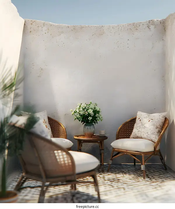 White Wall Patio with Wicker Chairs and Flowers
