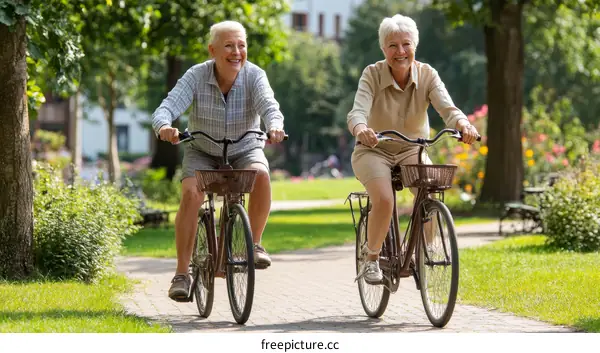 Elderly Couple Cycling in Park